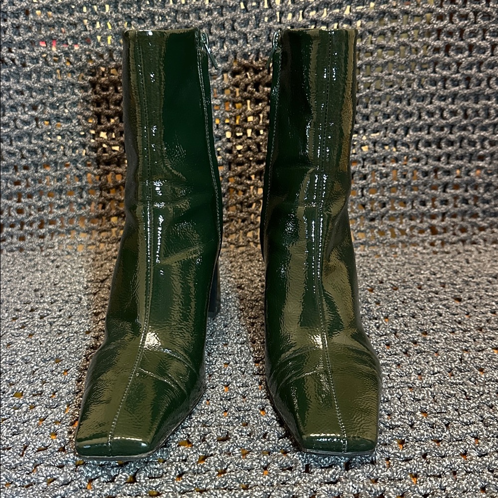 Zara Glossy Green Square Heeled Ankle Boots - Picture 5 of 10